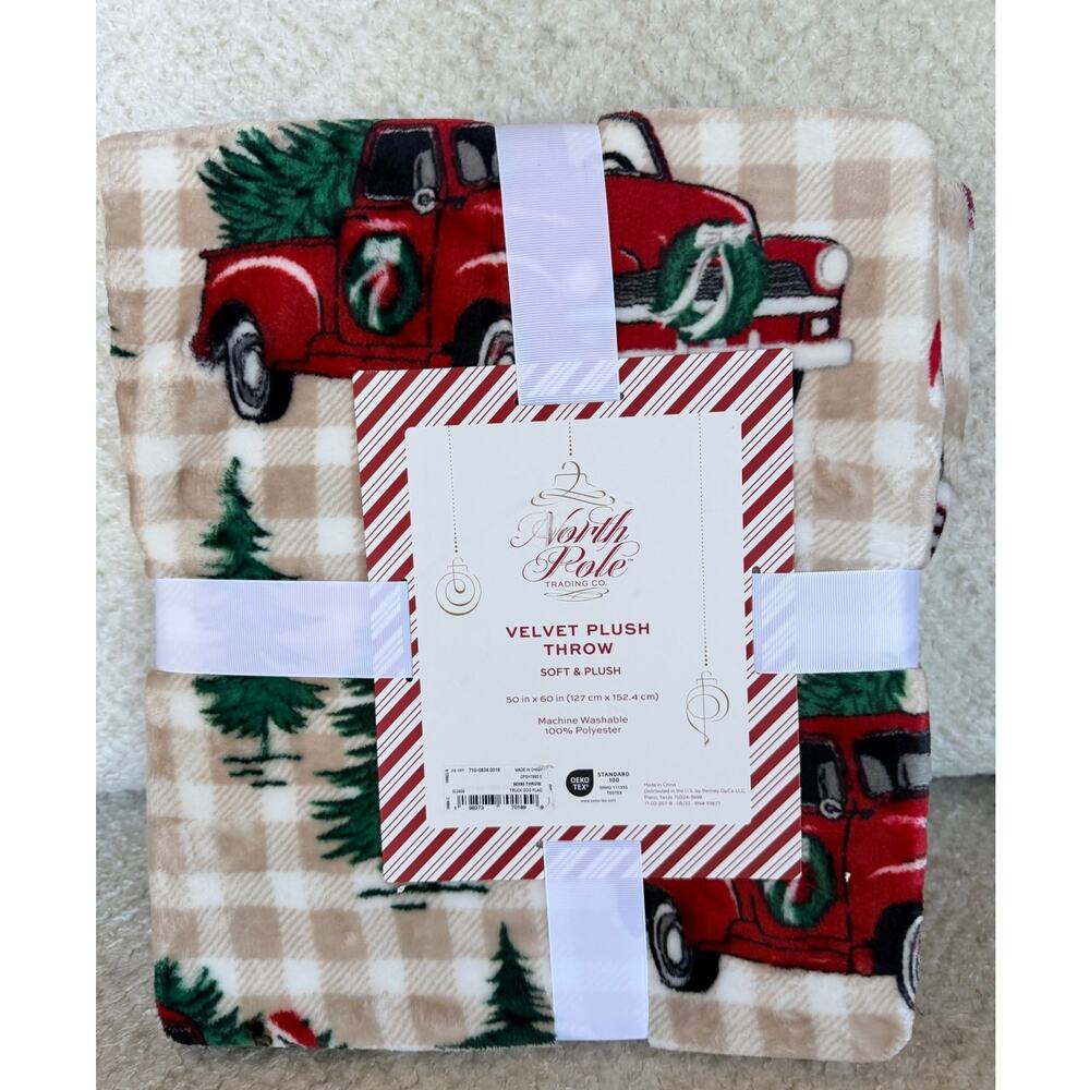 North Pole Trading Co Christmas Red Truck Dog Velvet Plush Throw Blanket 50x60”